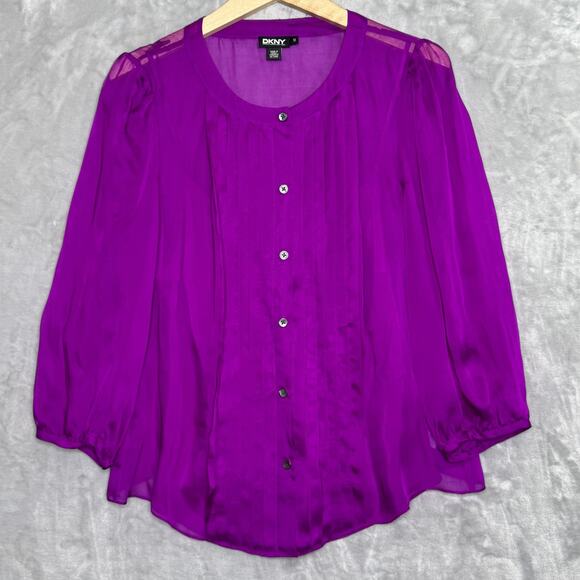 DKNY Blouse Womens Size 12 Purple 100% Silk Sheer Pleated Button Front Top - Picture 1 of 15